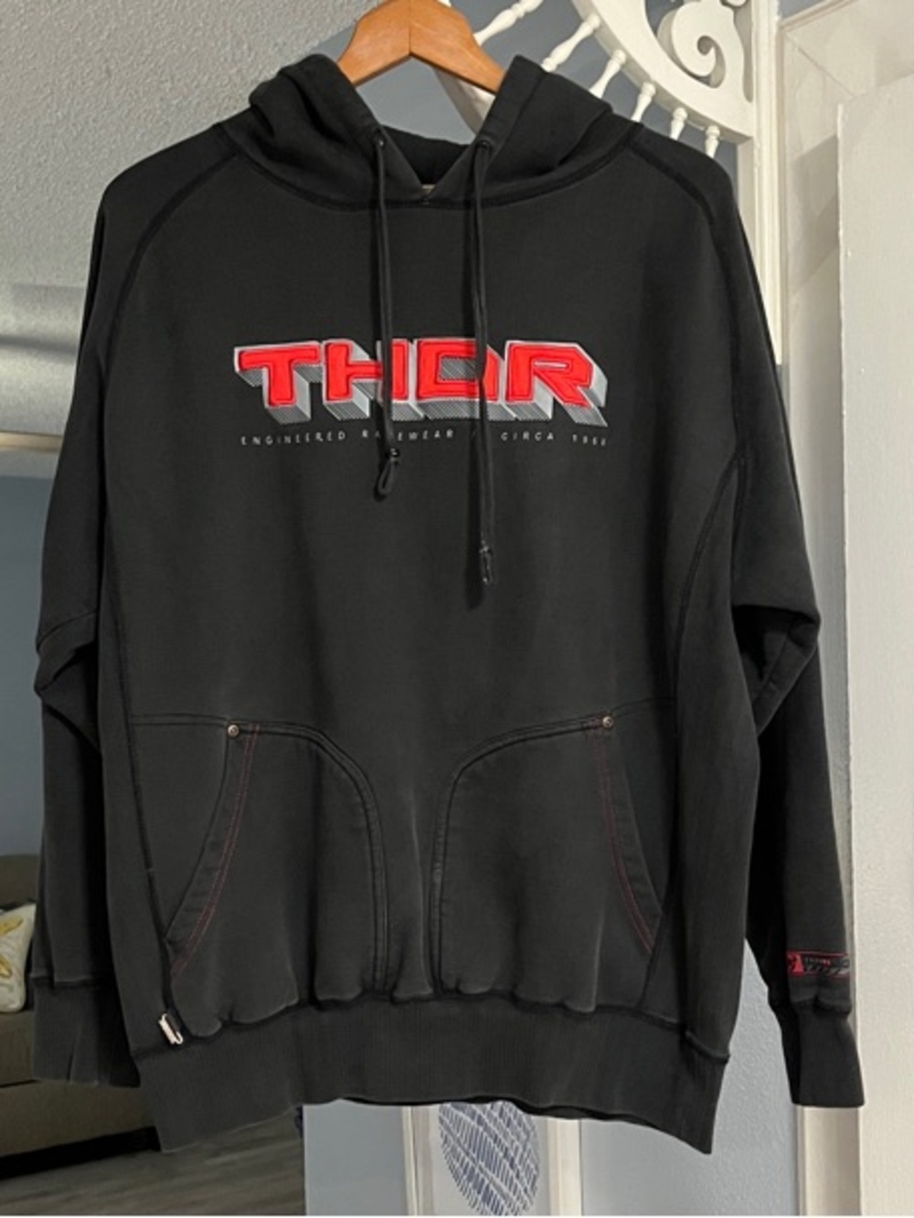 Vintage Y2K THOR MX Black Hoodie Embroidered Red THOR Chest Logo Size M
